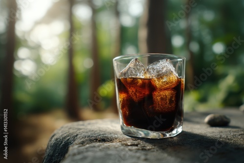 Obraz na płótnie Refreshing Cold Brew Coffee with Ice Cubes in a Glass Against a Forest Background w salonie