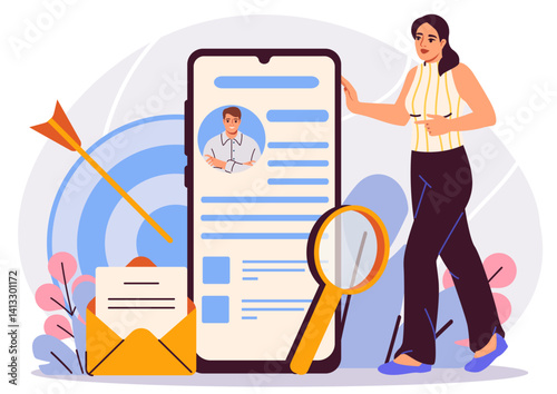 Woman standing near smartphone showing a candidate profile, with magnifying glass, envelope, and target in the background. Concept of recruitment. Vector illustration
