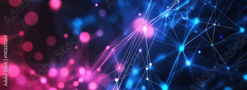 Abstract network of interconnected nodes in pink and blue on dark background.