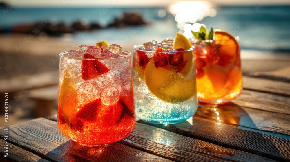 Refreshing Summer Cocktails by the Beach with Fruit Slices and Ice Cubes in Sunlight