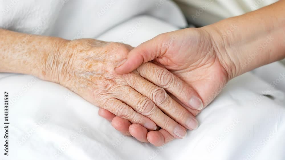 A touching moment where a youthful hand offers support and love to a wrinkled, elderly hand. A touching moment where a youthful hand offers support and love to a wrinkled, elderly hand.