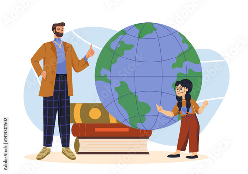 A male teacher and a young female student standing near a large globe and books, in cartoon style, with a white background. Concept of geography education. Vector illustration