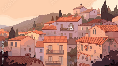 Charming mediterranean village with rustic architecture and scenic hillside views flat vector illustration