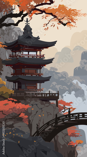 Traditional japanese pagoda in autumn landscape with red maple trees and waterfall flat vector illustration