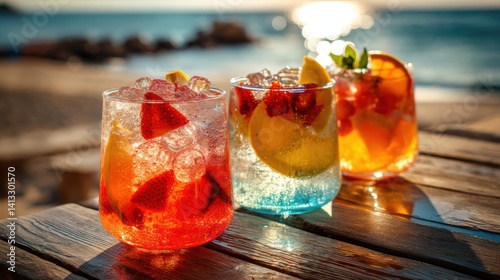 Obraz na płótnie Refreshing Summer Cocktails by the Beach with Fruit Slices and Ice Cubes in Sunlight w salonie