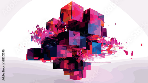 Abstract geometric cubes with pink and red colors flat vector illustration