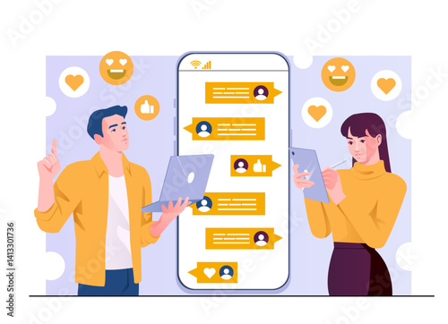 Man and woman using laptop and tablet in front of a large smartphone screen with chat bubbles and emojis, flat style on a light background. Concept of communication app. Vector illustration