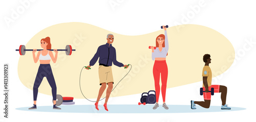 Group of diverse people doing various fitness exercises like weightlifting, jumping rope, dumbbell training, and lunges, flat cartoon style on light background. Vector illustration