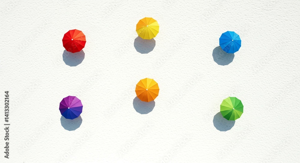 Fototapeta premium A vibrant scene of colorful, miniature umbrellas casting shadows on a bright surface, creating a playful, summer-themed abstract composition.