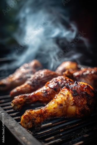Obraz na płótnie Grilled Chicken Drumsticks with Crispy Skin and Smoky Aroma for Barbecue Season w salonie