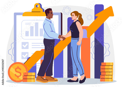 Two business people shaking hands in front of financial charts, coins, and upward arrow, on white background. Concept of successful partnership. Vector illustration