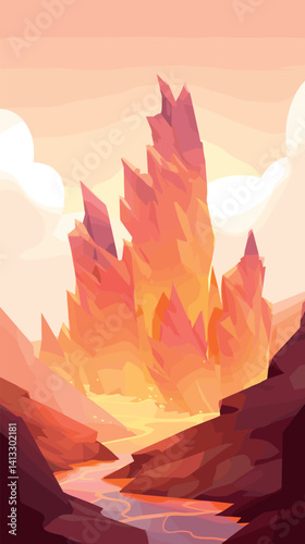 Abstract mountain formation with sunset colors in stylized landscape flat vector illustration