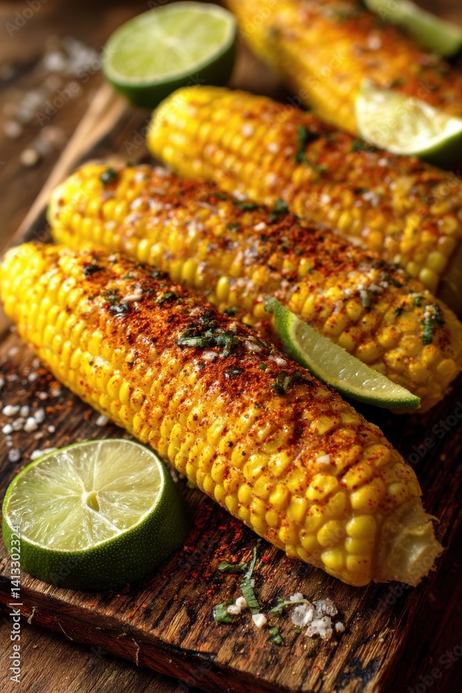 Grilled Corn Halves with Lime and Chili Seasoning for Summer BBQ Delights