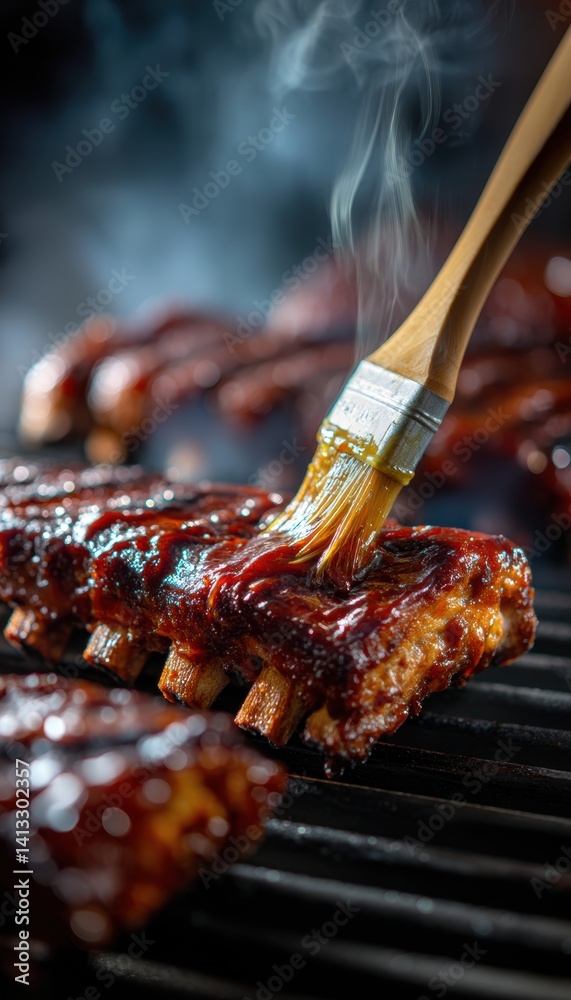 Close-Up of Juicy Glazed BBQ Ribs with Hand Brushing Sauce for Culinary Design