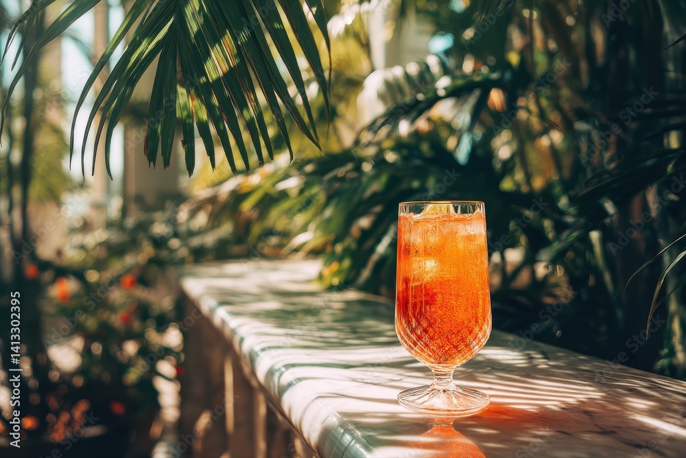 Sparkling Orange Drink in Crystal Glass Amidst Lush Tropical Garden Setting for Luxury Outdoor Design