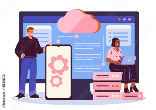 Team of developers working on cloud computing system with mobile and laptop devices, stylized flat cartoon style, on white background. Concept of data storage. Vector illustration