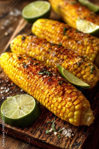 Obraz na płótnie Grilled Corn Halves with Lime and Chili Seasoning for Summer BBQ Delights w salonie