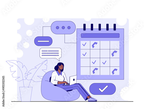 Woman sitting on bean bag working on laptop with planning calendar, dialog bubbles, and icons above. Minimal flat style on abstract background. Concept of time management. Vector illustration