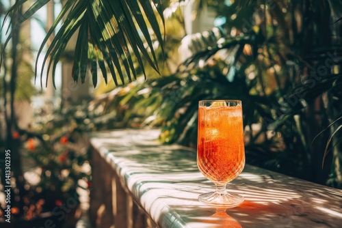 Obraz na płótnie Sparkling Orange Drink in Crystal Glass Amidst Lush Tropical Garden Setting for Luxury Outdoor Design w salonie