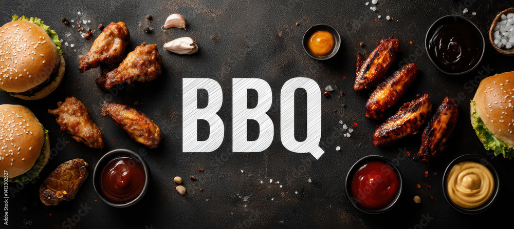 BBQ Party Banner Design with Burgers, Wings, and Sauces for Festive Promotions