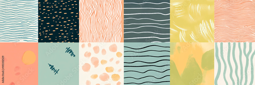 Collection of different backgrounds with simple and funny patterns. Abstract colorful tiles with flat texture. Flat illustration in doodle style