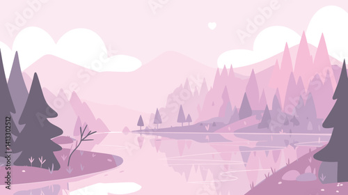 Tranquil pink landscape with trees and mountain reflections in calm lake flat vector illustration