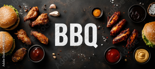 Obraz na płótnie BBQ Party Banner Design with Burgers, Wings, and Sauces for Festive Promotions w salonie