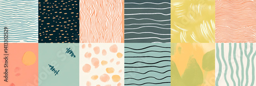 Obraz na płótnie Collection of different backgrounds with simple and funny patterns. Abstract colorful tiles with flat texture. Flat illustration in doodle style w salonie