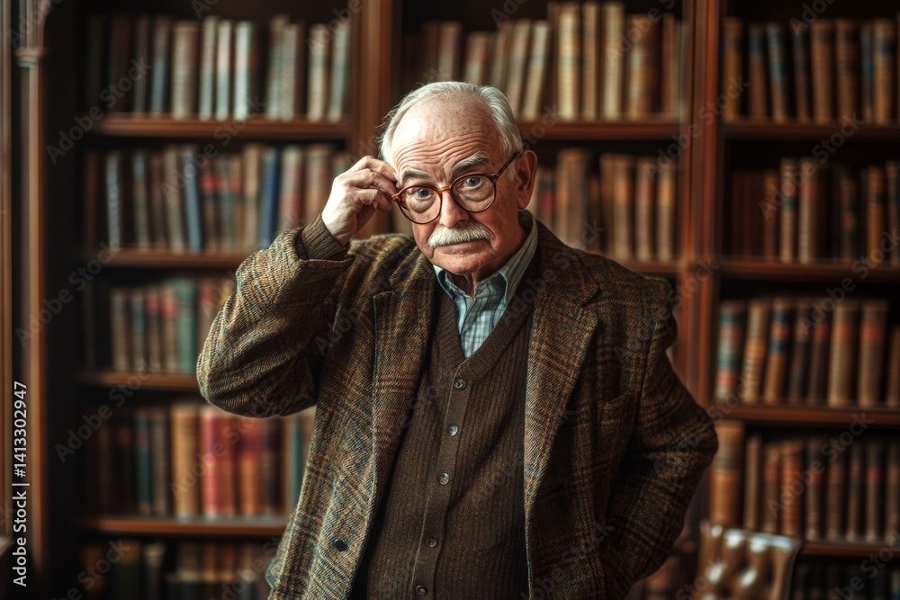 A thoughtful older man stands in a cozy library. Surrounded by shelves of books, he contemplates profound ideas. This image captures wisdom, knowledge, and warmth. AI