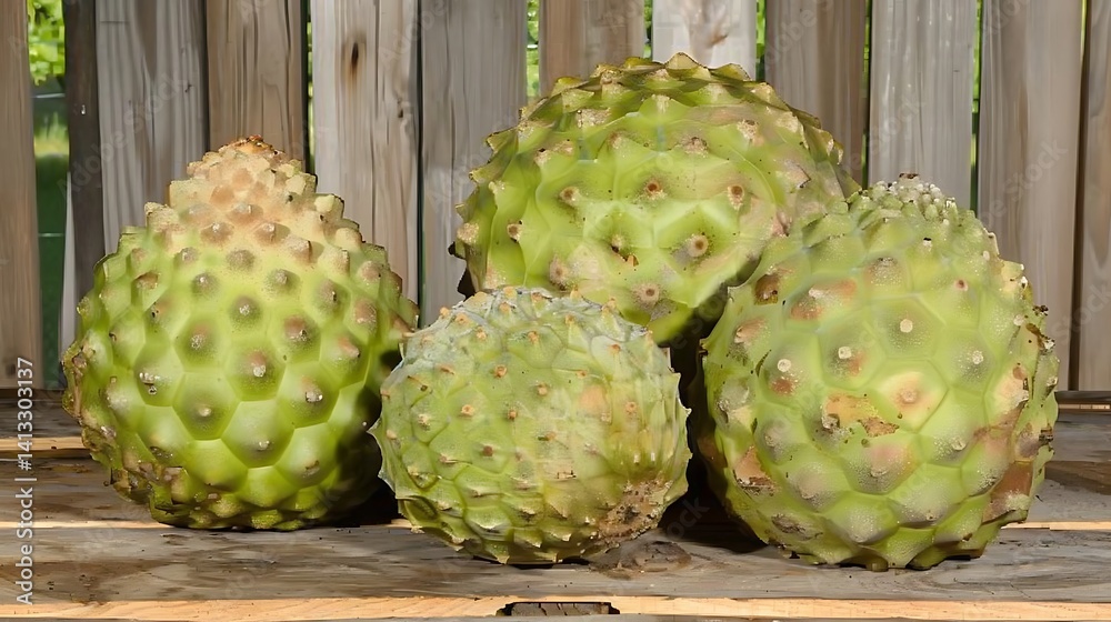 Fototapeta premium A Unique Assemblage of Spiky Soursop Fruits Displayed Against Rustic Backdrop