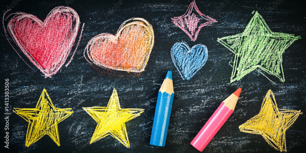 Illustration of a child's drawing with colorful pencils. simple doodles heart and star. cute background of children's creativity