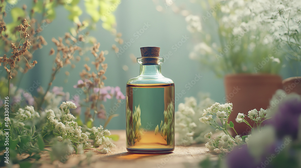 Apothecary-style essential oil glass bottle mockup surrounded by herbal plants, soft focus, and natural aesthetic. Perfect for organic branding and wellness product presentation Apothecary-style essential oil glass bottle mockup surrounded by herbal plants, soft focus, and natural aesthetic. Perfect for organic branding and wellness product presentation