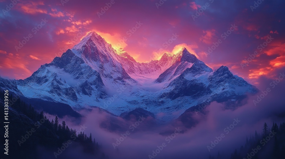 Obraz premium Majestic Sunset Over Snowy Mountain Peaks