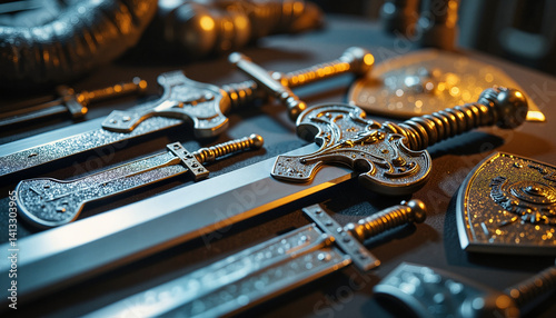 Intricate toy swords and shields on production line, fantasy craftsmanship