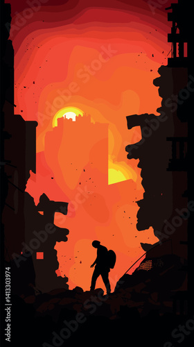 Silhouette of person amidst war-torn city at sunset flat vector illustration