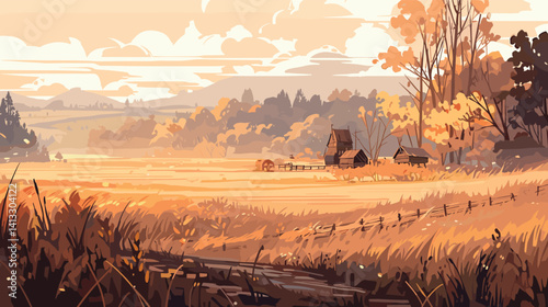Autumn countryside landscape with farmhouses and trees in vibrant fall colors flat vector illustration