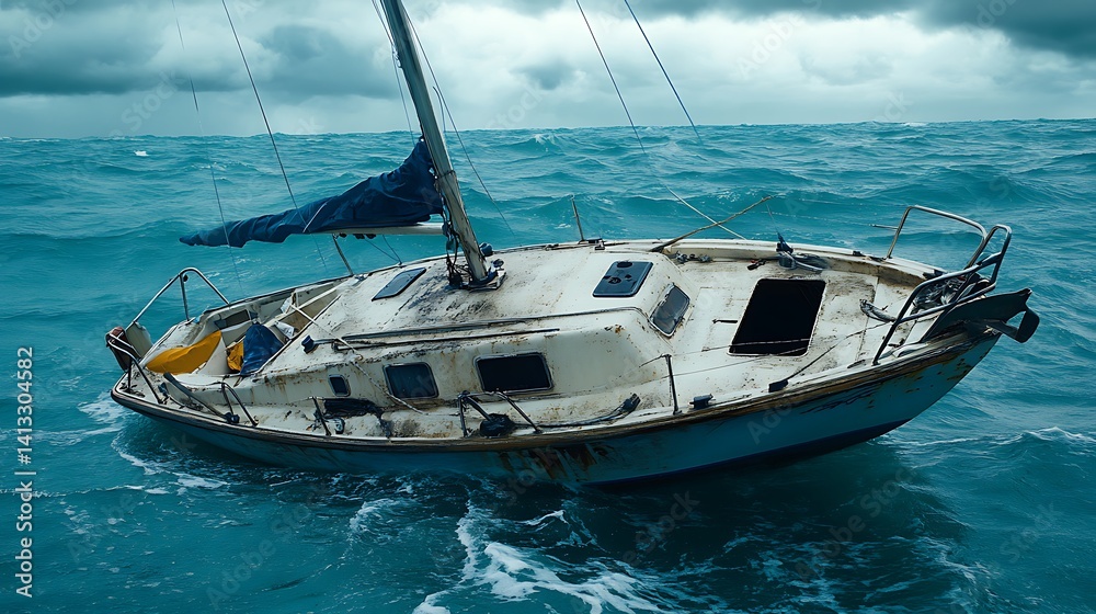 Damaged sailboat adrift in stormy sea