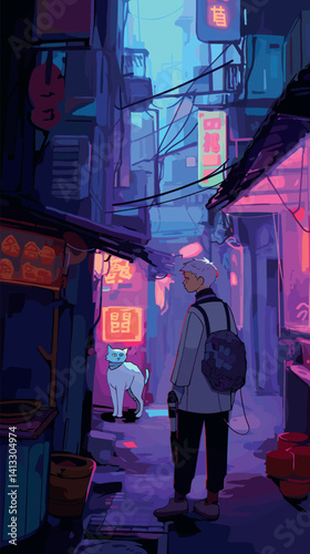 Neon alley with young male and cat in futuristic urban setting flat vector illustration