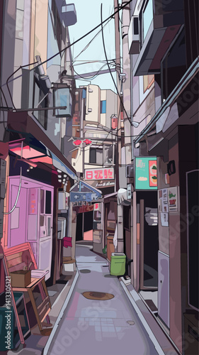 Narrow alleyway in urban japan with bright signs and cozy atmosphere flat vector illustration