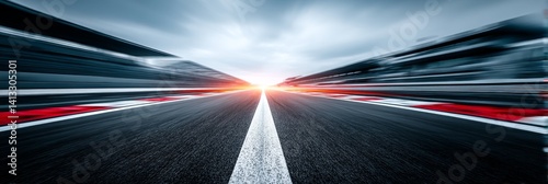 Speed and the Open Road - A dynamic of a race track, showcasing speed and motion blur, leading to a bright horizon