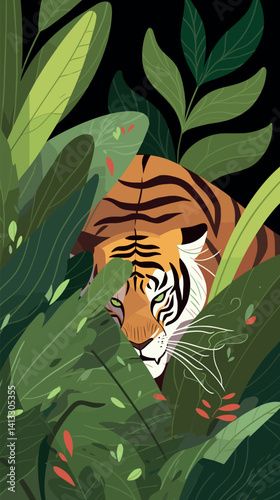 Wild tiger hidden among lush jungle foliage with bold stripes flat vector illustration