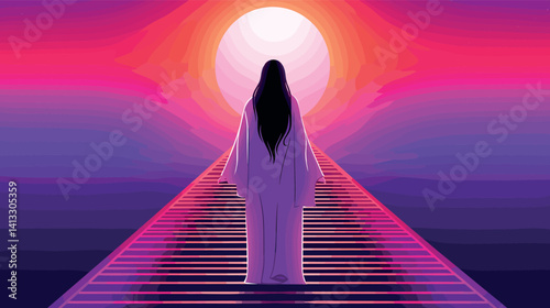 Silhouette of woman in kimono on vibrant sunset pathway flat vector illustration