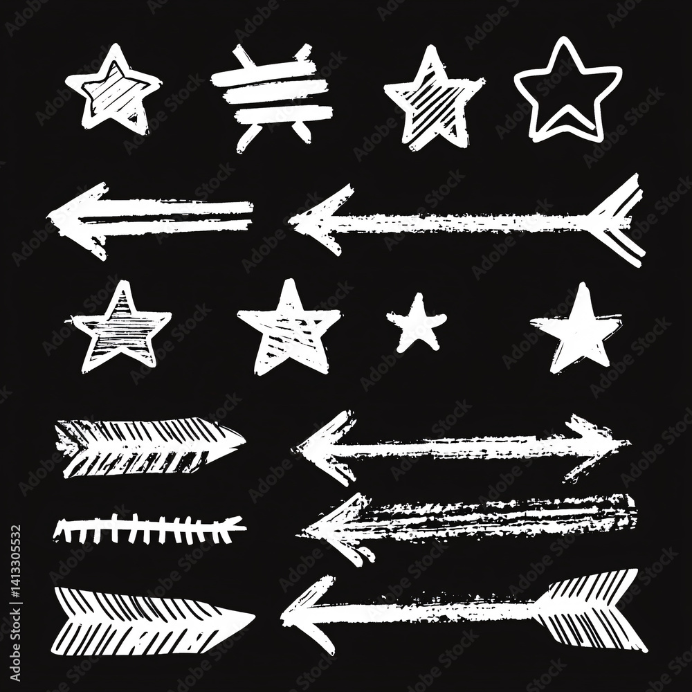 Doodle and sketches of stars and arrows on a black background. white lines. monochrome style. set of doodle elements. collage