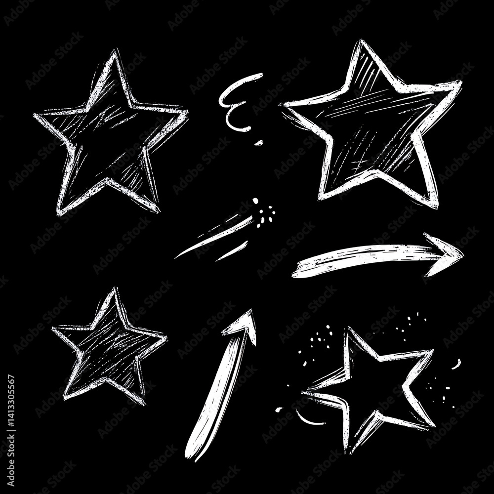 Doodle and sketches of stars and arrows on a black background. white lines. monochrome style. set of doodle elements. collage