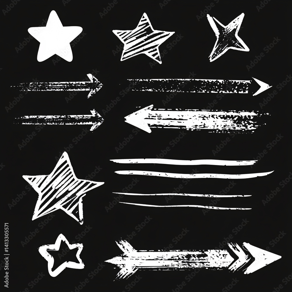 Doodle and sketches of stars and arrows on a black background. white lines. monochrome style. set of doodle elements. collage