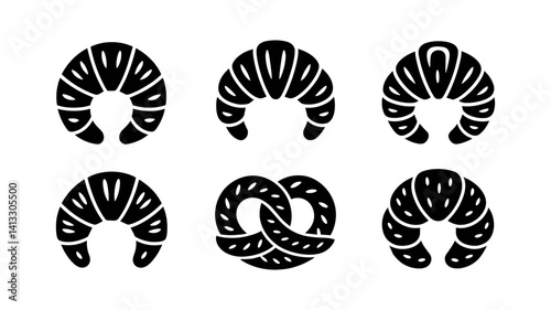 Croissant and pretzel in flat style : Delight in the art of simplicity with this black and white collection of a croissant and a pretzel. Minimalist illustration