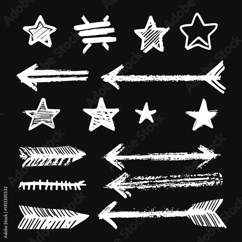 Obraz na płótnie Doodle and sketches of stars and arrows on a black background. white lines. monochrome style. set of doodle elements. collage w salonie