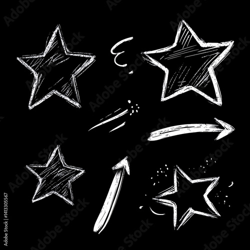 Obraz na płótnie Doodle and sketches of stars and arrows on a black background. white lines. monochrome style. set of doodle elements. collage w salonie
