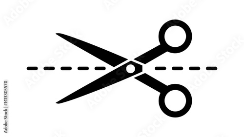 Scissors cutting line: A classic black scissors precisely slicing through a dotted line, signifying the art of division. This image is a perfect illustration of cuts.