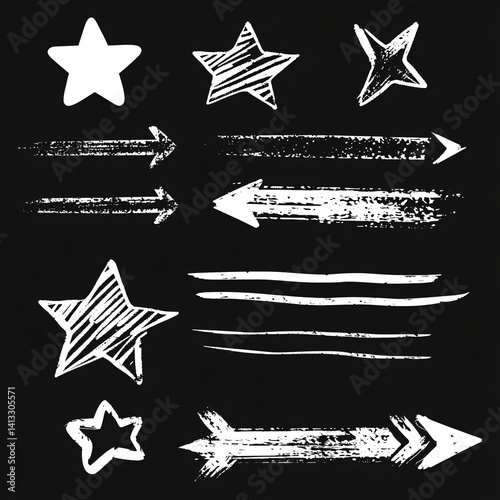 Obraz na płótnie Doodle and sketches of stars and arrows on a black background. white lines. monochrome style. set of doodle elements. collage w salonie